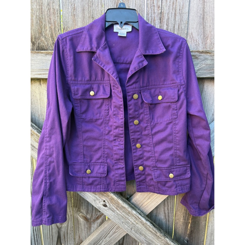 Chadwicks Purple Cotton Denim Jacket Womens 12P Petite Brass Button Utility 0865
